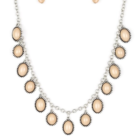 paparazzi Jewelry - 🆕 MAKE SOME ROAM BROWN TAN BEAD SILVER FRAME NECK